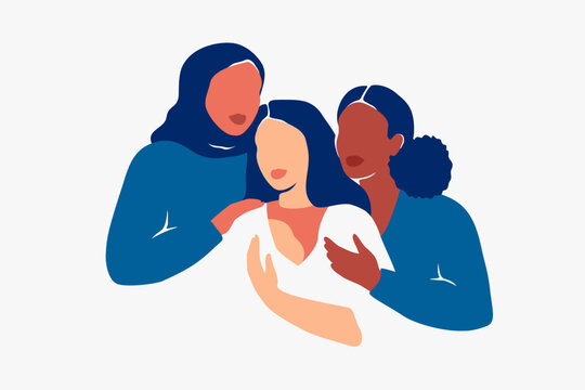 Women support woman with postnatal depression. Community cares and helps young mother with baby blues. Sisterhood protect from domestic violence females postpartum. Vector illustration.