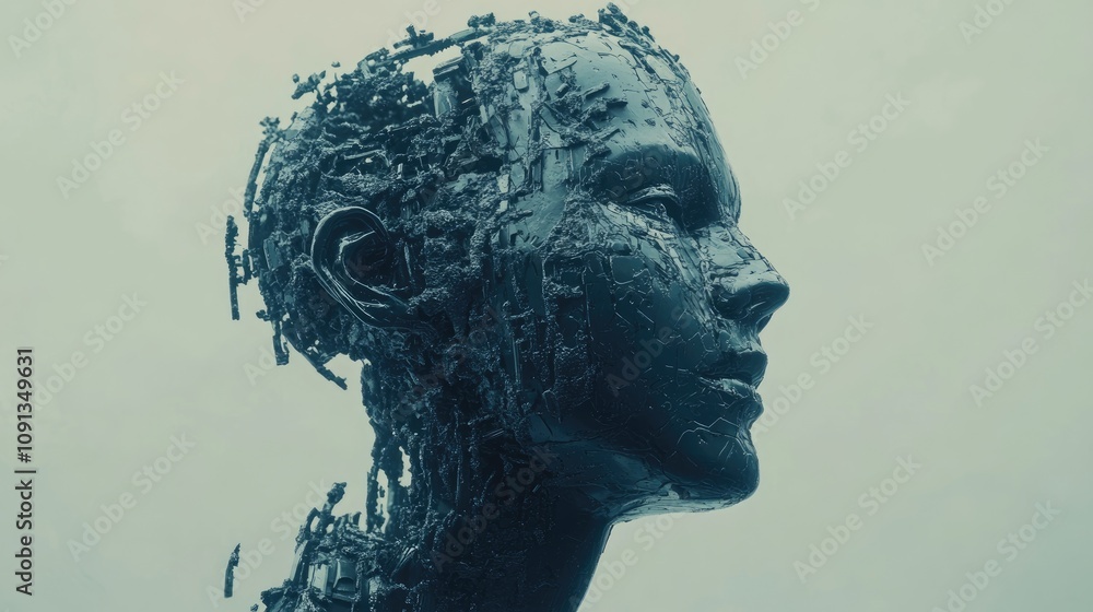 Poster futuristic portrayal of a cyberpunk-inspired artificial intelligence, showcasing a detailed mechanic