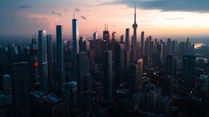 Fototapeta premium Aerial view of a city skyline at sunset, showcasing numerous skyscrapers and the CN Tower.