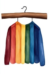 Colorful rainbow shirt hanging on a wooden hanger, symbolizing diversity and inclusion.