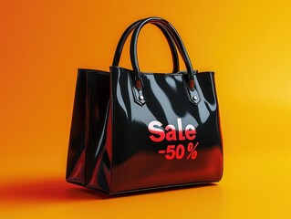 Shiny black shopping bag with red sale text on yellow base.