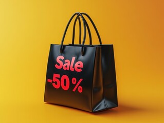 Matte black bag with red sale text against yellow canvas.