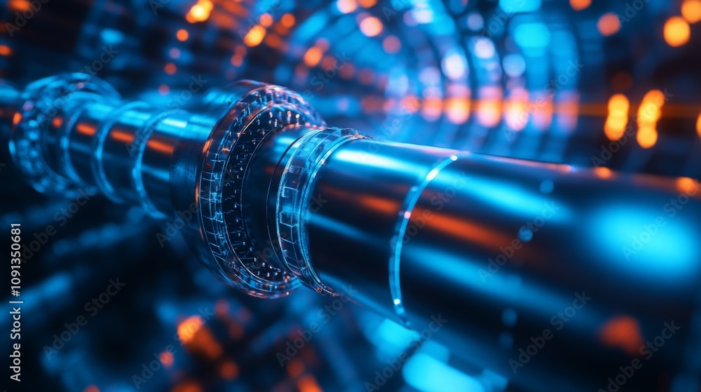 Poster close-up of a metallic pipe, shiny and reflecting blue light. in the background, blurry orange light