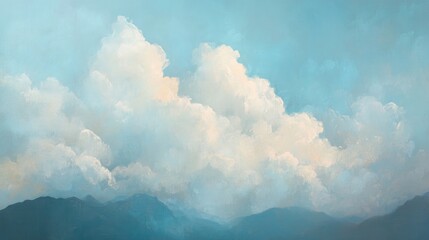 Fototapeta premium Dreamy soft blue clouds float above serene mountains, creating a tranquil and textured ambiance in the sky.