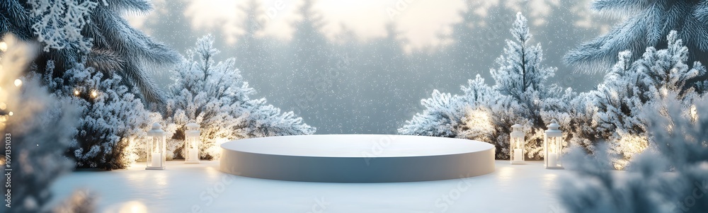Poster a minimalistic podium with smooth frosted edges, surrounded by soft lights and frosty pine boughs. t