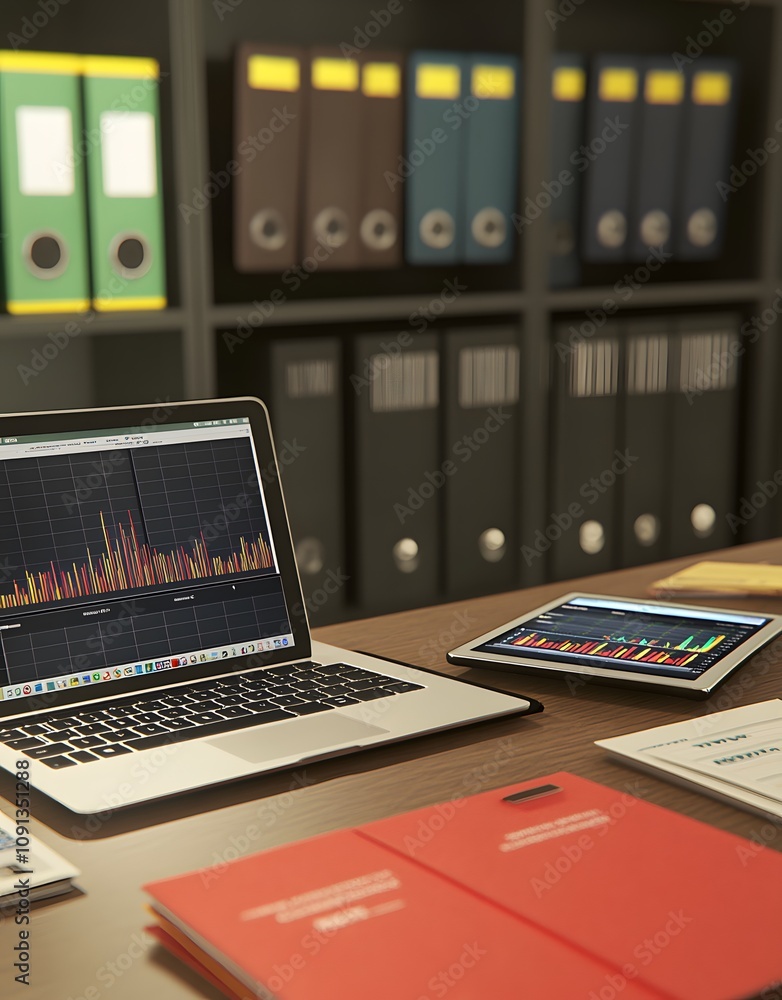Poster a workspace featuring a laptop and tablet displaying data charts, with organized files.
