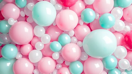 Colorful balloons background, punchy pastel colored and soft focus. pink and mint balloons photo wall birthday decoration. with generative ai