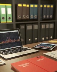 A workspace featuring a laptop and tablet displaying data charts, with organized files.