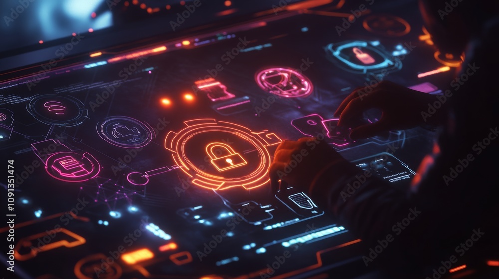 Poster A person's hands are interacting with a glowing, interactive interface. The interface is filled with glowing symbols and icons, including a padlock, a wifi symbol, and other icons.