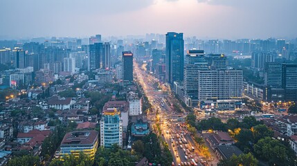 Elevated twilight view of a sprawling city, showcasing a busy highway cutting through a mix of modern and older buildings.