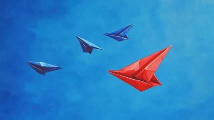 Red paper airplane diverging from a group of blue airplanes, symbolizing leadership, innovation, and exploration against a vibrant blue sky backdrop.
