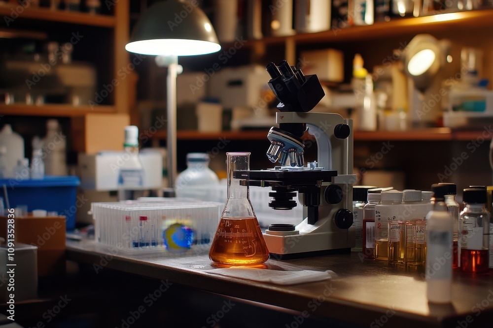 Poster a laboratory scene featuring a microscope and various glassware with colored liquids.