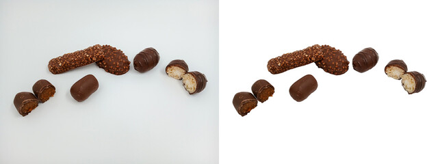 Chocolate bar, cocoa-glaze and sprinkles cookies, coconut-filled candies. Whole, cut candy. Half of treats. Easy to add text or logo. Cooking, Valentine's Day or Chocolate Day card, market catalog.