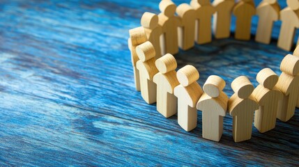 Team Building Concept Featuring Wooden Figures Arranged in a Circle on a Blue Background Symbolizing Collaboration and Human Resource Management
