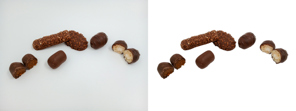 Chocolate bar, cocoa-glaze and sprinkles cookies, coconut-filled candies. Whole, cut candy. Half of treats. Easy to add text or logo. Cooking, Valentine's Day or Chocolate Day card, market catalog.