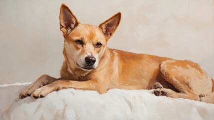 Tan dog with pointed ears and expressive eyes resting on a soft white surface, displaying a curious and alert demeanor in a serene pose