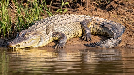 Obraz premium Large crocodile resting on riverbank, basking in sunlight.
