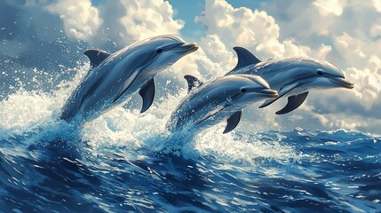Fototapeta premium Three dolphins leaping through ocean waves under a cloudy sky.