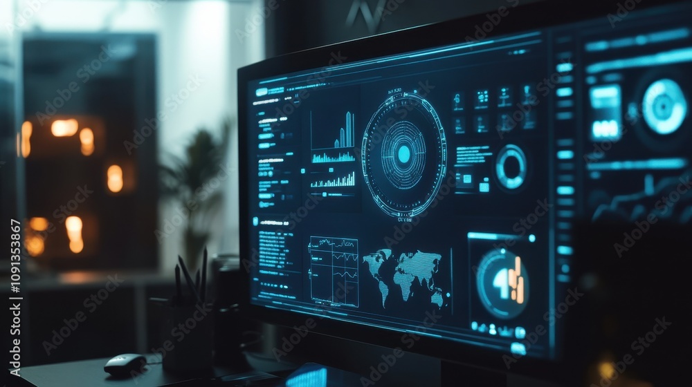 Poster a computer monitor displays a number of graphs and charts