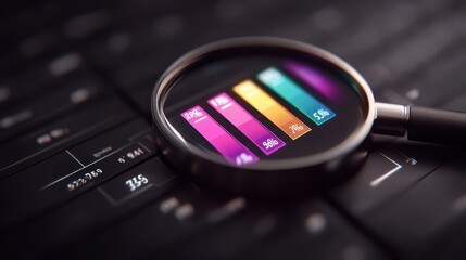 Close-up of magnifying glass on keyboard, highlighting colorful percentage bars on digital screen. themes of datanalysis and technology, business content.