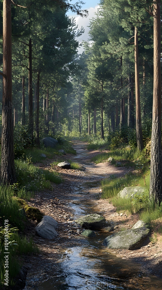 Poster a serene forest path with a stream, surrounded by tall trees and lush greenery.