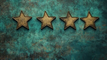Four Gold Stars on Grunge Background - Four gold stars on a teal grunge background symbolize rating, review, feedback, quality, and excellence.