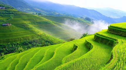 Fototapeta premium Lush green rice terraces in misty mountains.
