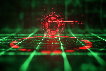 A captivating 3D hologram of target with vibrant red and green zones, set against digital grid background, evokes sense of futuristic technology and precision