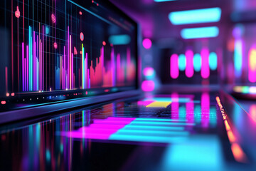 A vibrant 3D holographic bar chart displaying risk levels, showcasing colorful data visualizations on sleek digital interface. atmosphere is dynamic and futuristic, perfect for tech enthusiasts