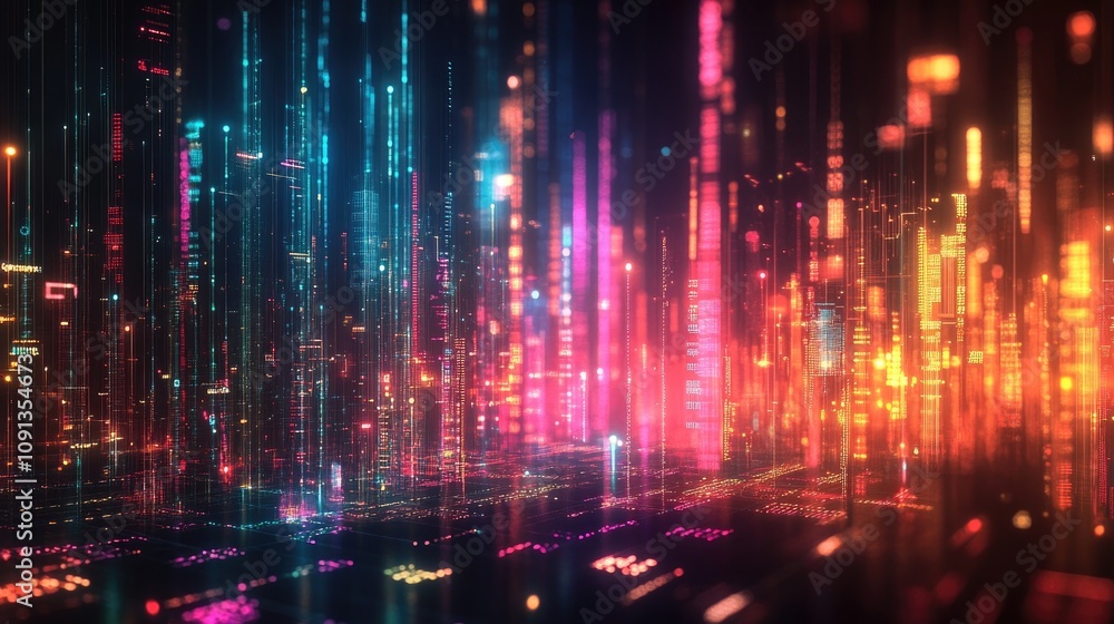 Poster dynamic financial data visuals with colorful neon bars and lines glowing against a dark background, 