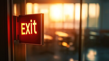 Open door with exit sign, symbolizing the freedom and opportunity to leave behind the past and embrace new beginnings, encouraging a sense of liberation and forward movement.