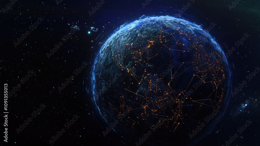 Poster Earth depicted from space with glowing interconnected networks, illustrating a concept of communication breakdown and digital vulnerability in a cosmic setting.