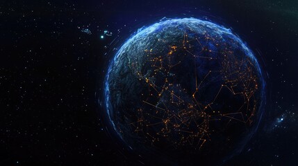Obraz premium Earth depicted from space with glowing interconnected networks, illustrating a concept of communication breakdown and digital vulnerability in a cosmic setting.