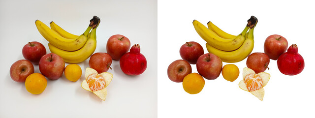 Banana, apple, pomegranate, tangerine. Healthy fruits. Vitamin plants, sweet dessert. Isolated objects. Easy to add logo or text. On the topic of cooking, health, beauty, recipes, supermarket catalog.