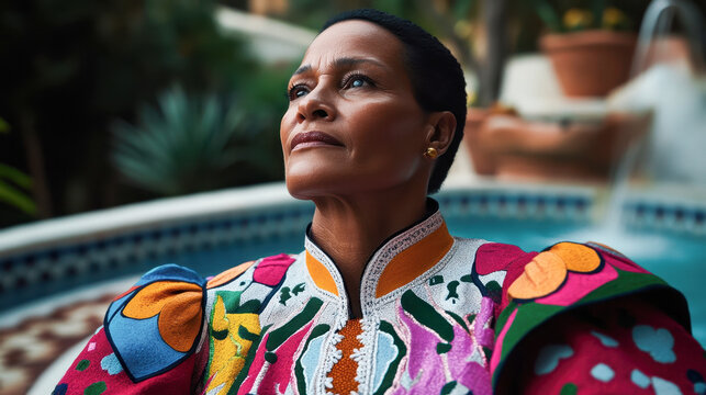 Poised middle-aged woman gazes thoughtfully into the distance, adorned in vibrant traditional garment with floral patterns.
