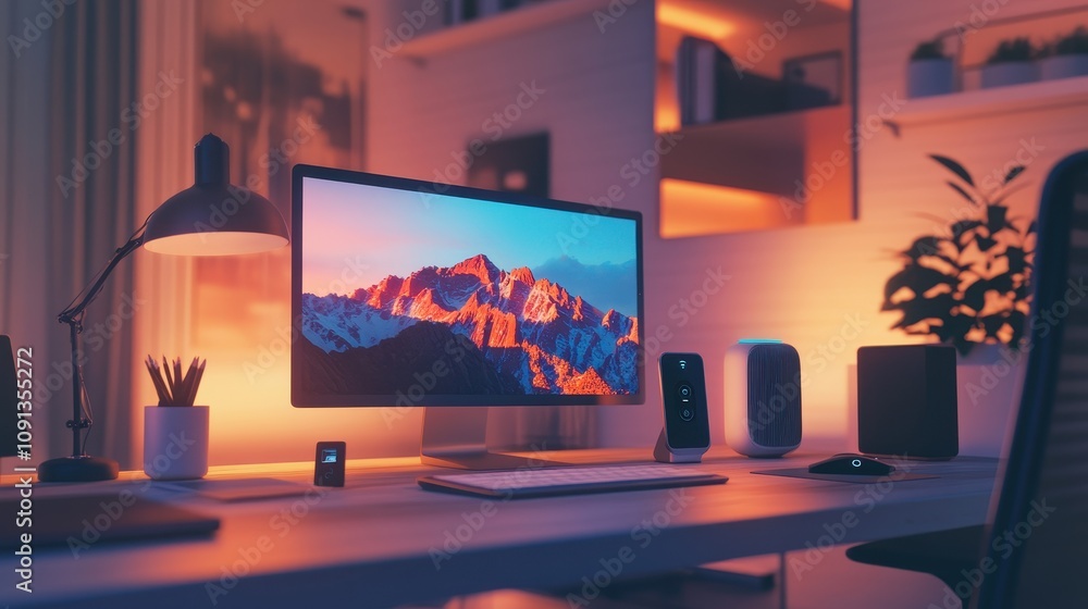 Poster a computer desk with a monitor, keyboard, mouse, and a small device