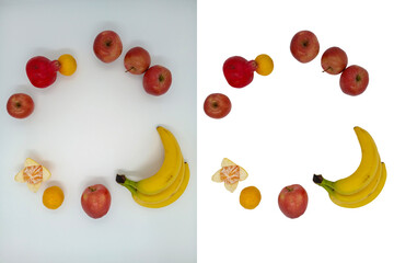 Frame in a circle of fruits. Vitamin plants, sweet dessert. Isolated objects. Easy to add a logo or text. On the topic of cooking, healthy eating, health, beauty, recipes, tips, supermarket catalog.