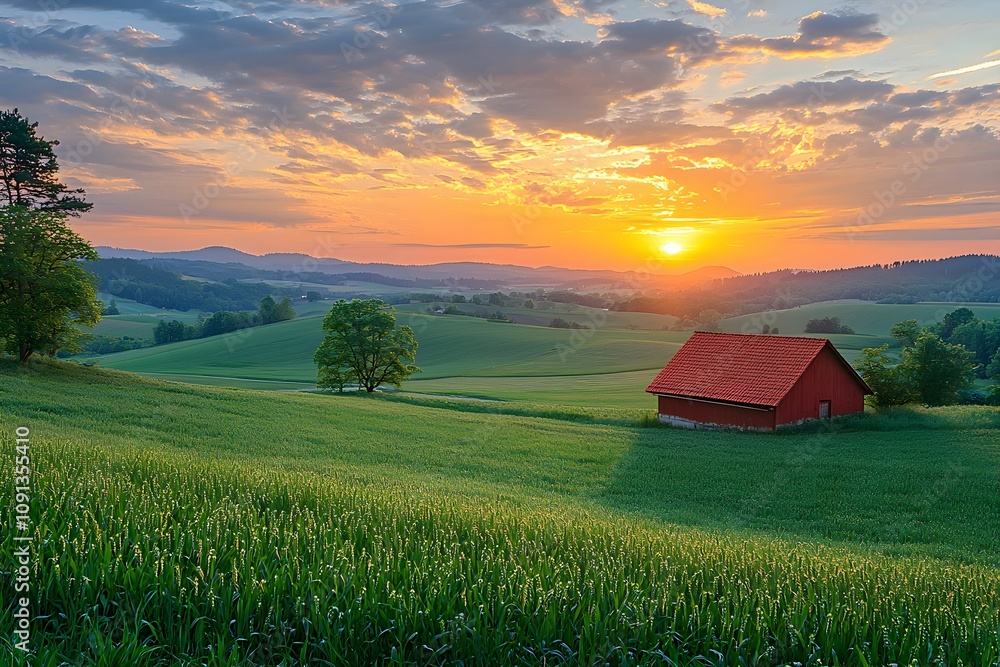 Wall mural Beautiful sunset over rolling hills and a red barn in the countryside