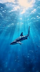 Obraz premium Shark swimming in the deep blue ocean, surrounded by shimmering light and silhouetted fish in the background