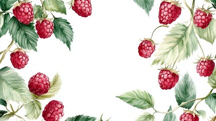 Watercolor illustration of red raspberries with green leaves on white background. (1)