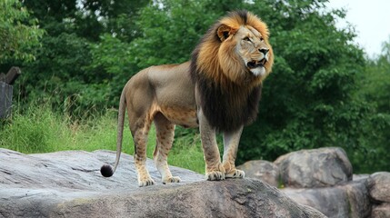 Majestic male lion standing on rock, lush green background.