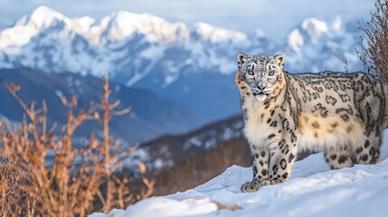 Fototapeta premium Majestic snow leopard on snowy mountain peak, facing camera.