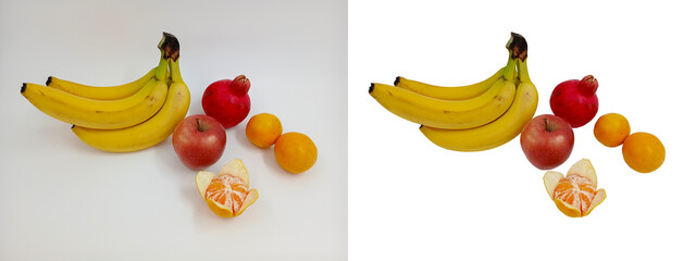 Banana, apple, pomegranate, tangerine. Healthy fruits. Vitamin plants, sweet dessert. Isolated objects. Easy to add logo or text. On the topic of cooking, health, beauty, recipes, supermarket catalog.