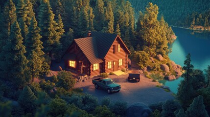 Secluded Log Cabin Beside a Tranquil Lake in the Woods