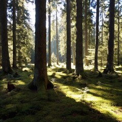 Fototapeta premium A full shot of a tranquil forest clearing with sunlight streaming through the trees, casting long shadows on the forest floor. The hip-level perspective emphasizes the height of the trees, creating a 