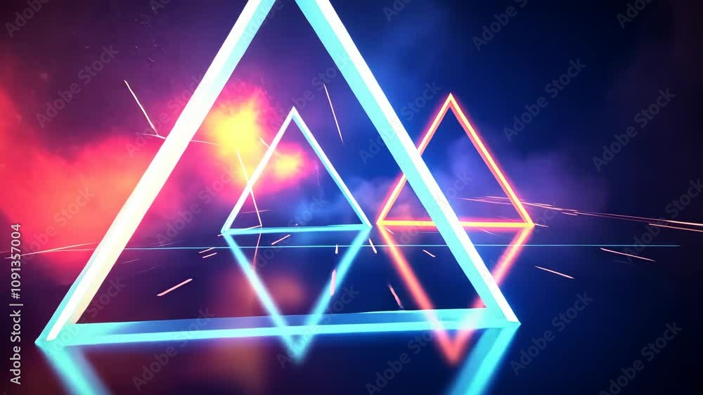 Poster dynamic abstract composition with neon triangles and linear streaks over a radiant gradient backgrou
