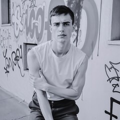 portrait of a young male in a white sleeveless shirt