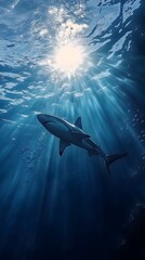 Obraz premium Shark swimming in the deep blue ocean, surrounded by shimmering light and silhouetted fish in the background