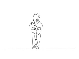 Obraz premium Continuous line drawing art of young boy wear jacket in winter season. winter fashion for kids concept.