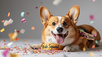 Adorable Corgi with 'Bride Squad' Sash Surrounded by Colorful Confetti Perfect for Wedding Celebrations and Pet-Friendly Bridal Themes